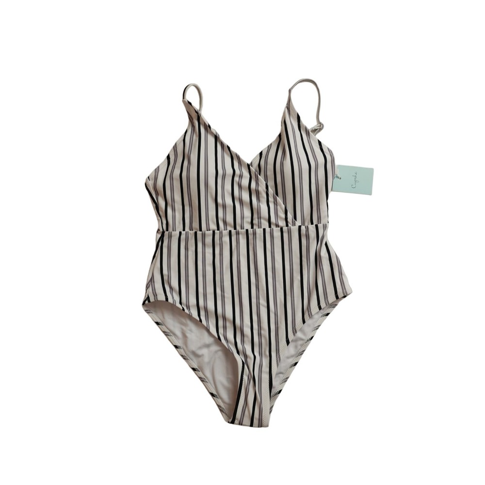 Cupshe NWT one piece swimsuit white black grey stripes sz small low back
